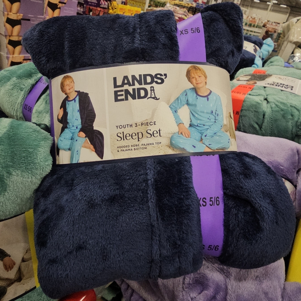 Lands' End Youth' 3 Piece Pajama Set. Hooded Robe, Pajama Top/Bottom. Color Blue